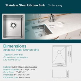 Undermount Sink 17 x 19 x 9 inch - Single Bowl Stainless Steel Sink 16 Gauge - Handmade Kitchen Sink