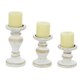DecMode Farmhouse White Washed Wooden Curved Pillar Candle Holders Set of 3, 8", 6", 4"H Natural Distressed Finish