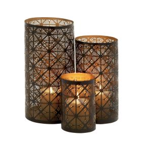 DecMode 3 Holder Dark Brown Metal Geometric Decorative Candle Lantern, Set of 3