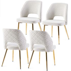 Off White Faux Fur Dinning Chairs with Metal Legs and Hollow Back Upholstered Dining Chairs Set of 4