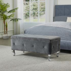 Tufted Storage Ottoman Bench For Bedroom End Of Bed Large Upholstered Storage Benches Footrest With Crystal Buttons For Living Room Entryway (Grey)