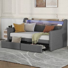 Twin Size Daybed with Storage Drawers, Upholstered Daybed with Charging Station and LED Lights, Gray (Expect arrive date: Jan 18th, 2024)