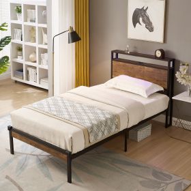 Twin Size Metal Platform Bed Frame with Wooden Headboard and Footboard with USB LINER, No Box Spring Needed, Under Bed Storage, Easy Assemble