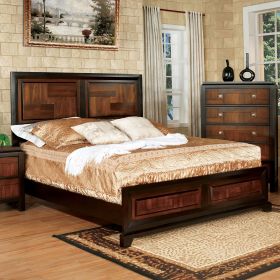 Transitional Queen Size Bed Acacia / Walnut Solidwood 1pcs Bed Bedroom Furniture Parquet Design Headboard And Footboard Bedframe
