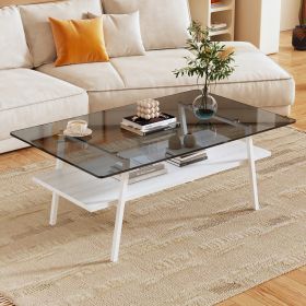 Rectangle Coffee Table, Tempered Glass Tabletop with White Metal Legs, Modern Table for Living Room , Gray Glass