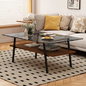 Rectangle Coffee Table, Tempered Glass Tabletop with Black Metal Legs, Modern Table for Living Room , Gray Glass