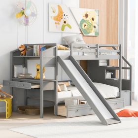 Twin over Twin Bunk Bed with Storage Staircase, Slide and Drawers, Desk with Drawers and Shelves, Gray(Expected Arrival Time: 1.17)