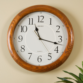 Seiko 13" Round Brown Oak Quiet Sweep Wall Clock, Analog, Quartz QXA129BLH