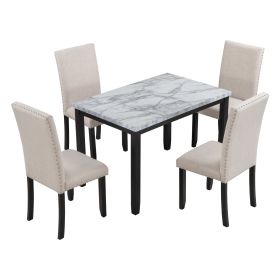 TREXM Faux Marble 5-Piece Dining Set Table with 4 Thicken Cushion Dining Chairs Home Furniture, White/Beige+Black