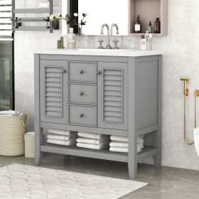 36" Bathroom Vanity with Ceramic Basin, Two Cabinets and Drawers, Open Shelf, Solid Wood Frame, Grey (OLD SKU: SY999101AAE)