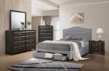 Light Grey Burlap Fabric 1pcs Queen Size Bed w Drawer Button Tufted Arch Design Headboard Storage FB Bedframe Bedroom Furniture