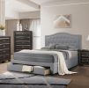 Light Grey Burlap Fabric 1pcs Queen Size Bed w Drawer Button Tufted Arch Design Headboard Storage FB Bedframe Bedroom Furniture