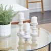 DecMode Farmhouse White Washed Wooden Curved Pillar Candle Holders Set of 3, 8", 6", 4"H Natural Distressed Finish