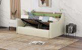 Twin Size Daybed with Hydraulic Storage, Upholstered Daybed with Lift Up Storage, Twin Leather Daybed with Charging Station and LED Lights,Beige