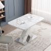 Modern Square Dining Table, Stretchable, white Marble Table Top+MDF X-Shape Table Leg with Metal Base