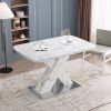 Modern Square Dining Table, Stretchable, white Marble Table Top+MDF X-Shape Table Leg with Metal Base