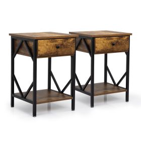 Set of 2 Nightstand Industrial End Table with Drawer;  Storage Shelf and Metal Frame for Living Room;  Bedroom;  XH (Color: Rustic Brown)