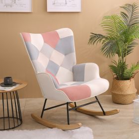 Rocking Chair, Mid Century Fabric Rocker Chair with Wood Legs and Patchwork Linen for Livingroom Bedroom (Color: Pink)