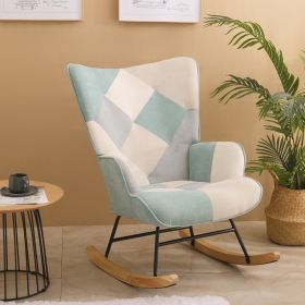 Rocking Chair, Mid Century Fabric Rocker Chair with Wood Legs and Patchwork Linen for Livingroom Bedroom (Color: Blue)