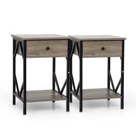 Set of 2 Nightstand Industrial End Table with Drawer;  Storage Shelf and Metal Frame for Living Room;  Bedroom;  XH (Color: Washed Gray)